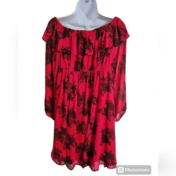 Torrid Women Size 0 Red Black Floral Chiffon Dress Gothic Cottagecore Romantic - Picture 3 of 8